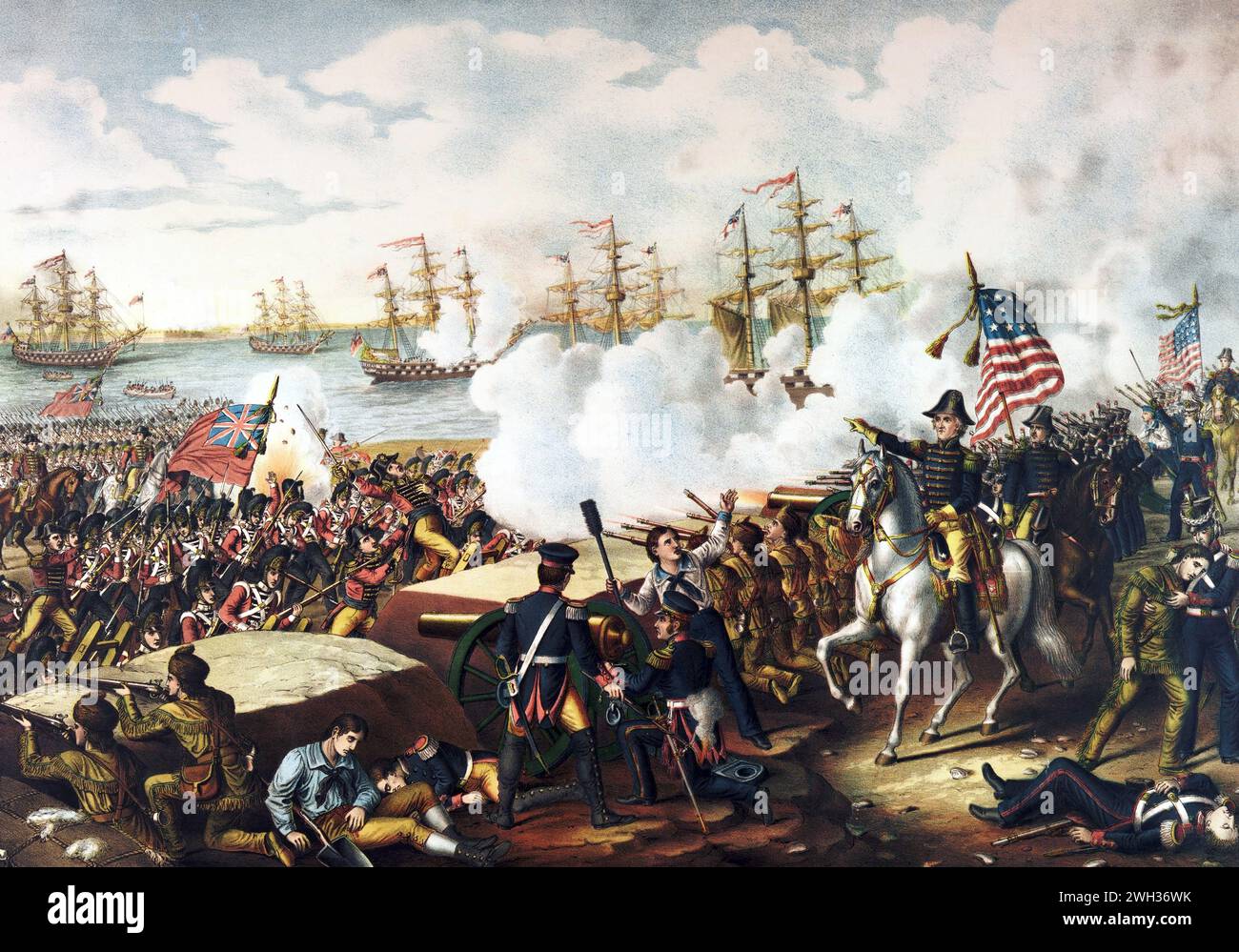 Krieg von 1812. Die Schlacht von New Orleans. Das Bild zeigt General Andrew Jackson auf einem weißen Pferd, der am 8. Januar 1815, der letzten großen Schlacht des Krieges von 1812, seine Truppen bei der Verteidigung von New Orleans anführt. Stockfoto
