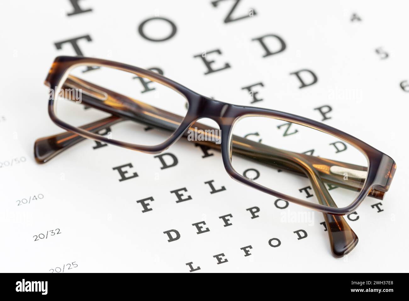 Männliche Brillen auf der Sehtestkarte. Augenheilkunde, Sehvermögen, Optikerkonzept Stockfoto