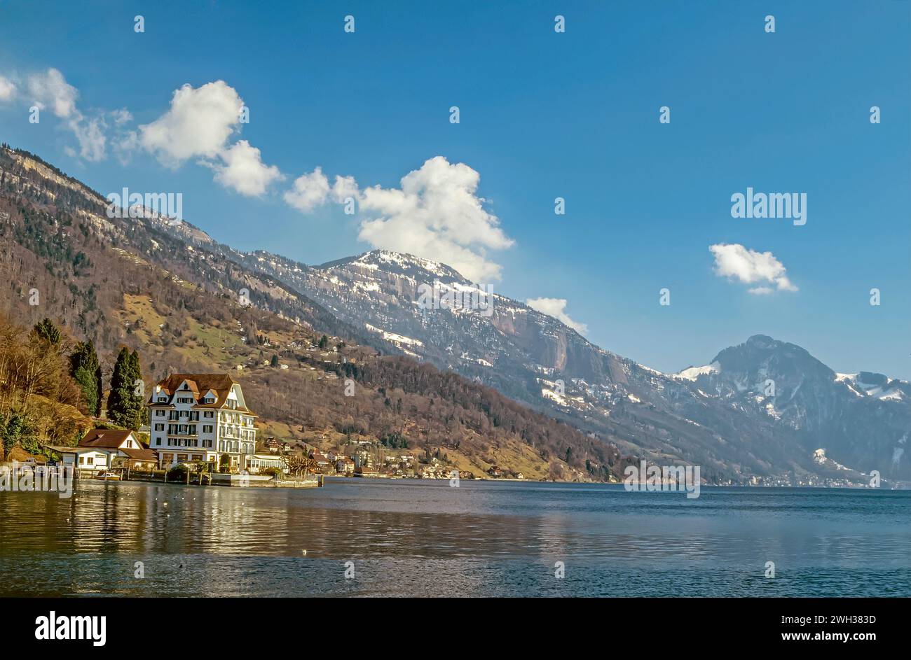 Panoramablick im Park Hotel Vitznau am Vierwaldstättersee, Schweiz Stockfoto