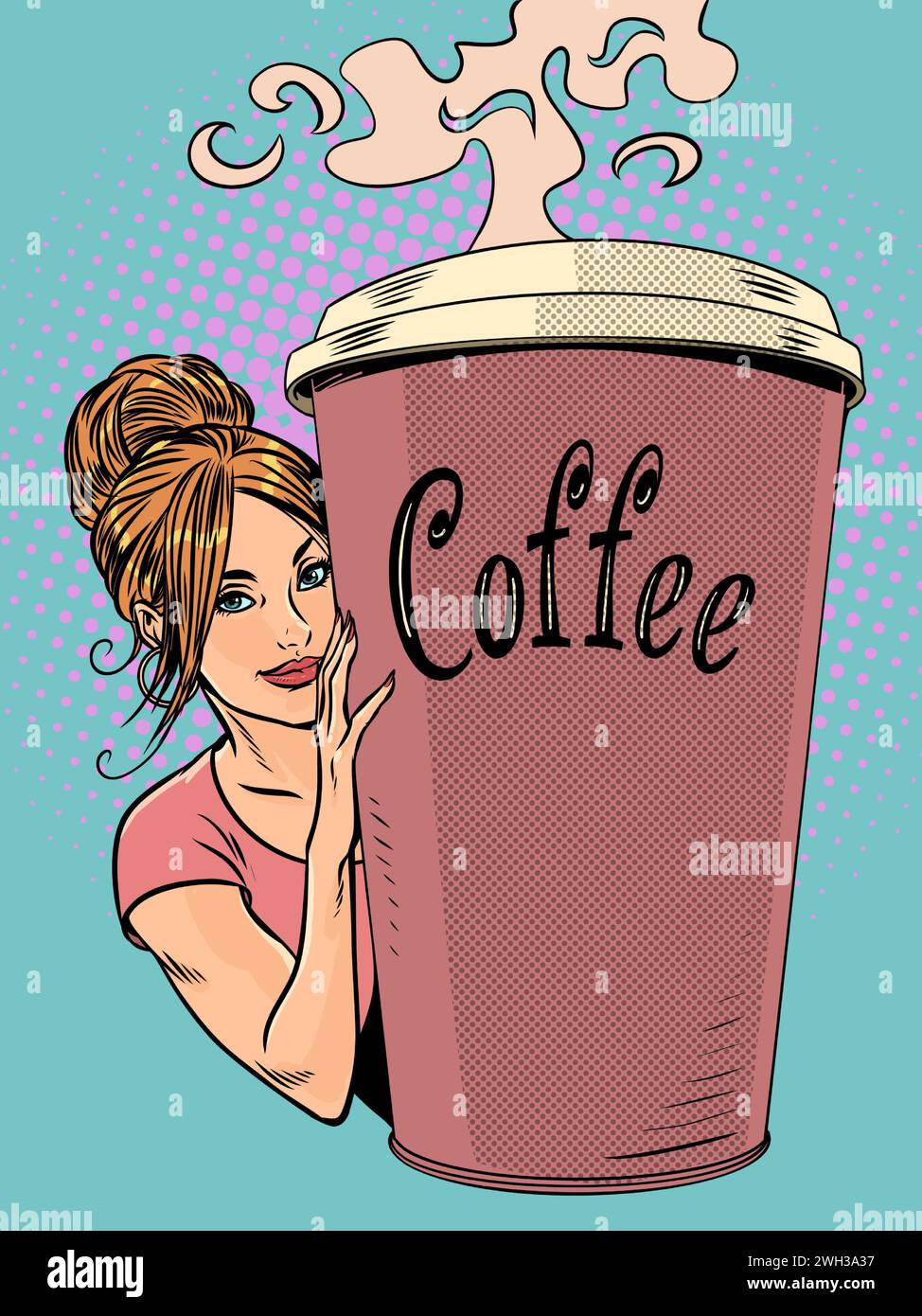 Saisonales günstiges Angebot aus einem Café. Das Mädchen sieht links von der Tasse Kaffee. Ein heißes Getränk zum Aufwärmen. Pop Art Retro Vektor Stock Vektor