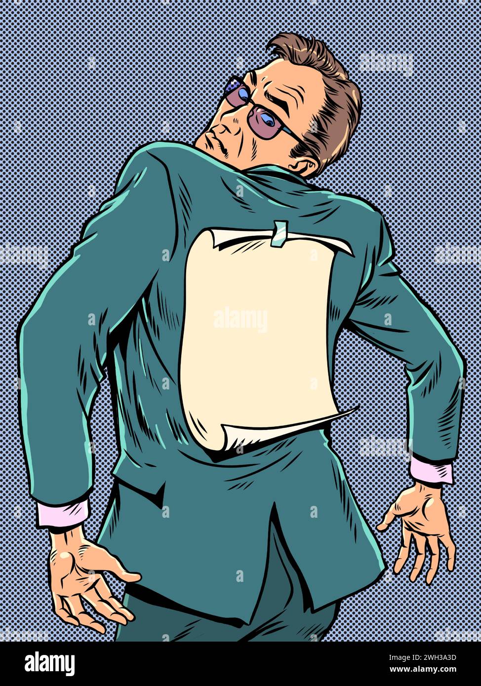 Ein von der Gesellschaft stigmatisierter Mitarbeiter. Ein Mann im Anzug schaut auf den Rücken, wo das Papier befestigt ist. Einander beschriften. Pop Art Retro Vektor Il Stock Vektor