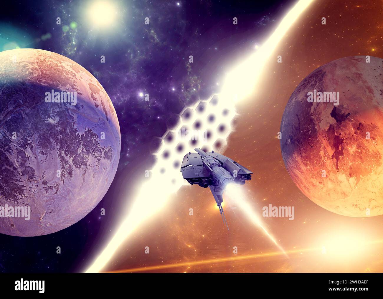 Interstellare Reise- und Dimensionsportale, Raumschiffe, die neue Planeten erforschen und Raum-Zeit-Transformation. Eroberung neuer Welten, Exoplaneten. 3D Stockfoto