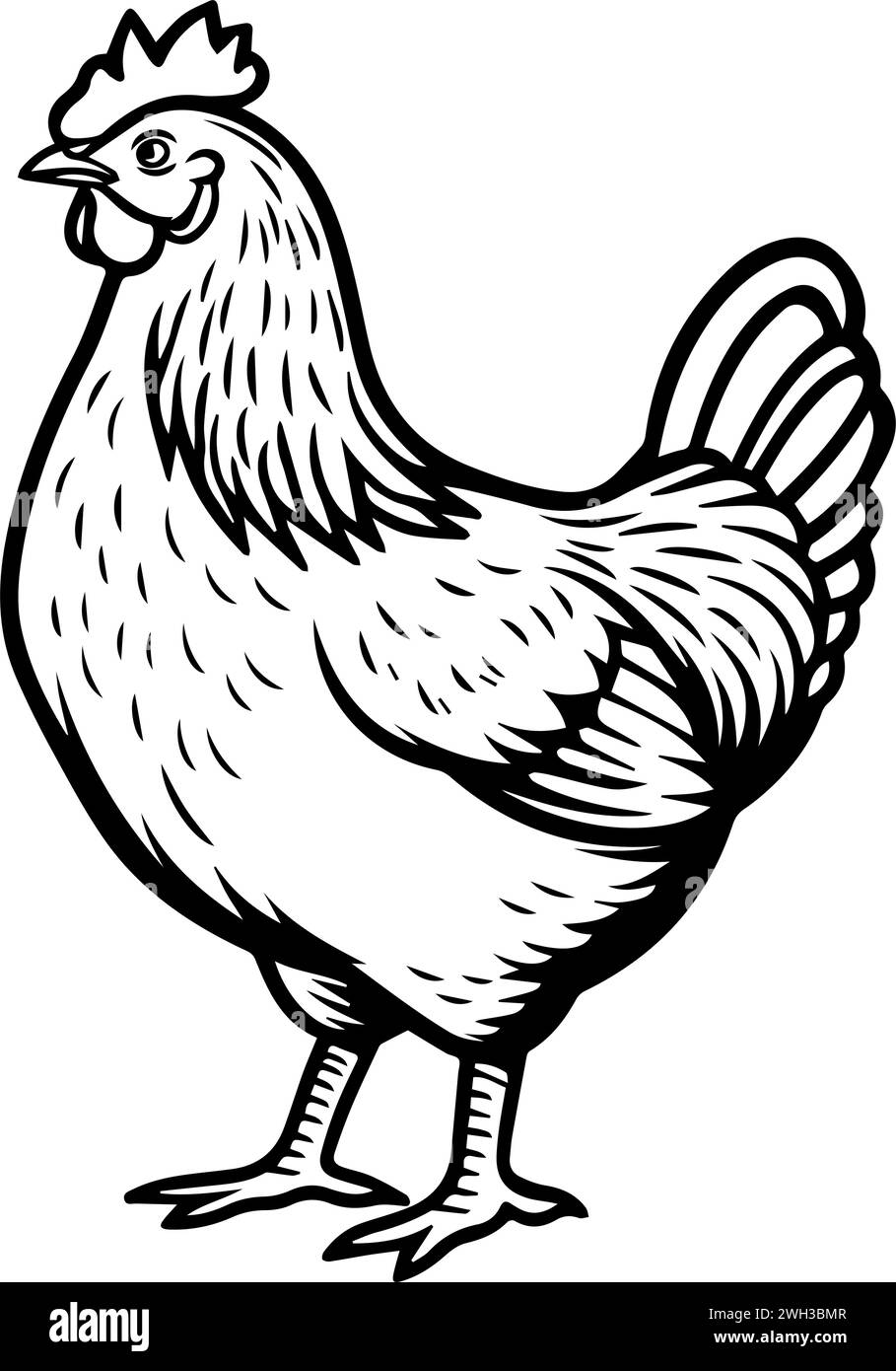 Eine Linie mit schwarzer und weißer Tinte, die ein dickes Huhn zeigt Stock Vektor
