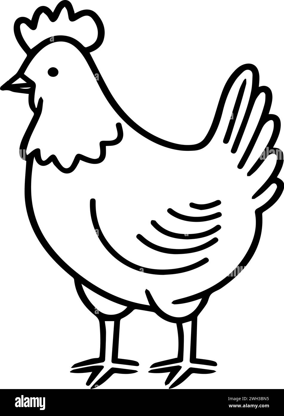 Eine vereinfachte schwarz-weiße Linienzeichnung eines Huhns vor einem transparenten weißen Hintergrund - Seitenansichtswinkel Stock Vektor
