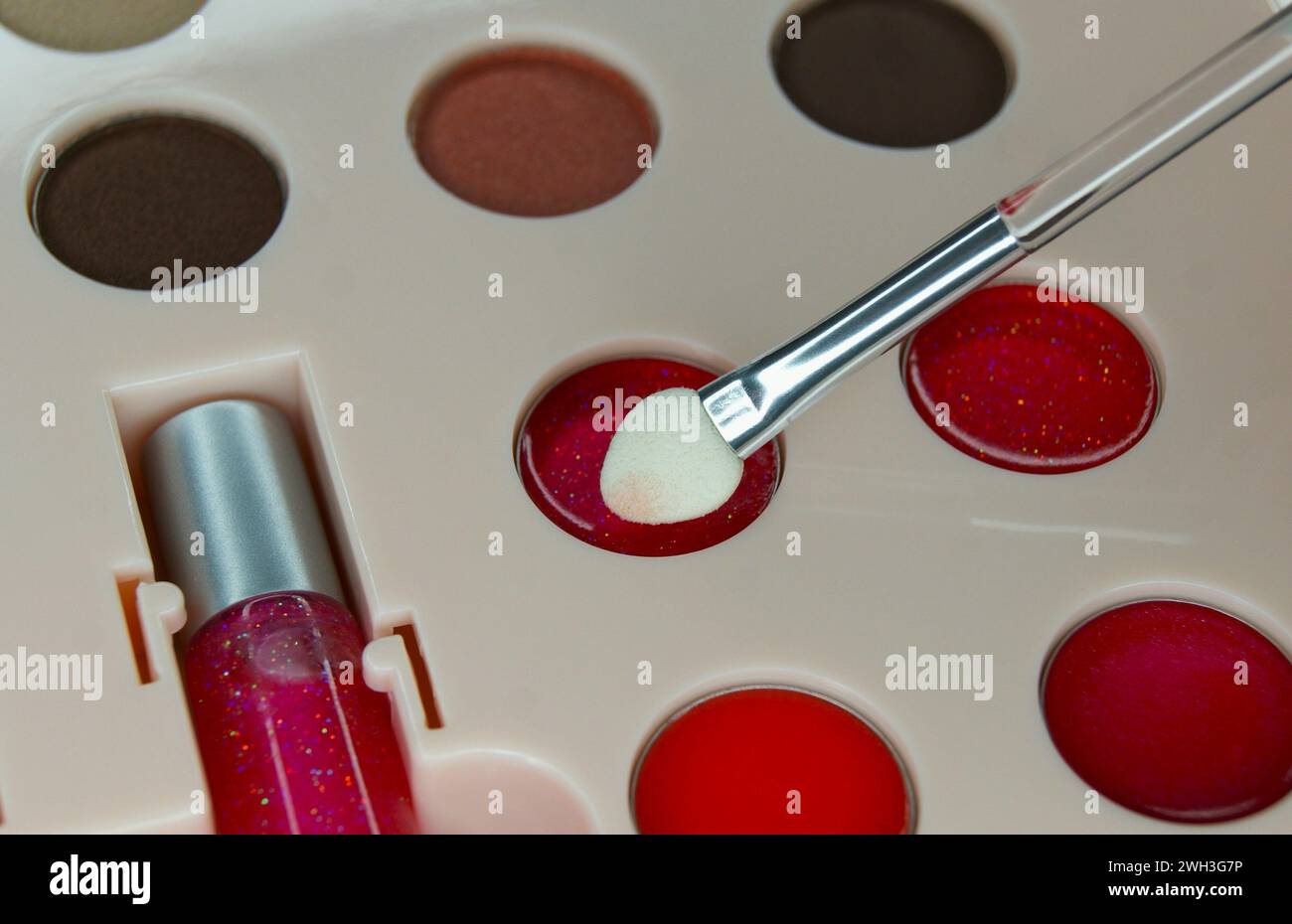 Dunkle Schattierungen von Lidschatten und Make-up-Schwamm Stockfoto
