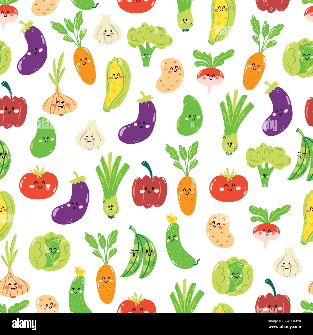 Handgezeichnetes nahtloses Muster mit süßen Kawaii-Gemüse auf weißem Hintergrund. Bunte Tapete mit Gemüse zum Bedrucken, Geschenkpapier, Textil. Stock Vektor