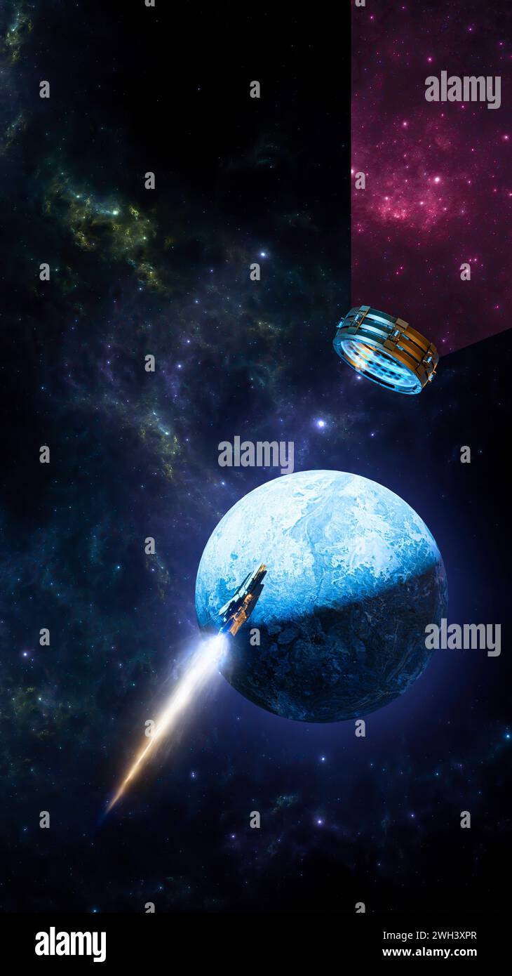 Interstellare Reise- und Dimensionsportale, Raumschiffe, die neue Planeten erforschen und Raum-Zeit-Transformation. Eroberung neuer Welten, Exoplaneten. 3D Stockfoto