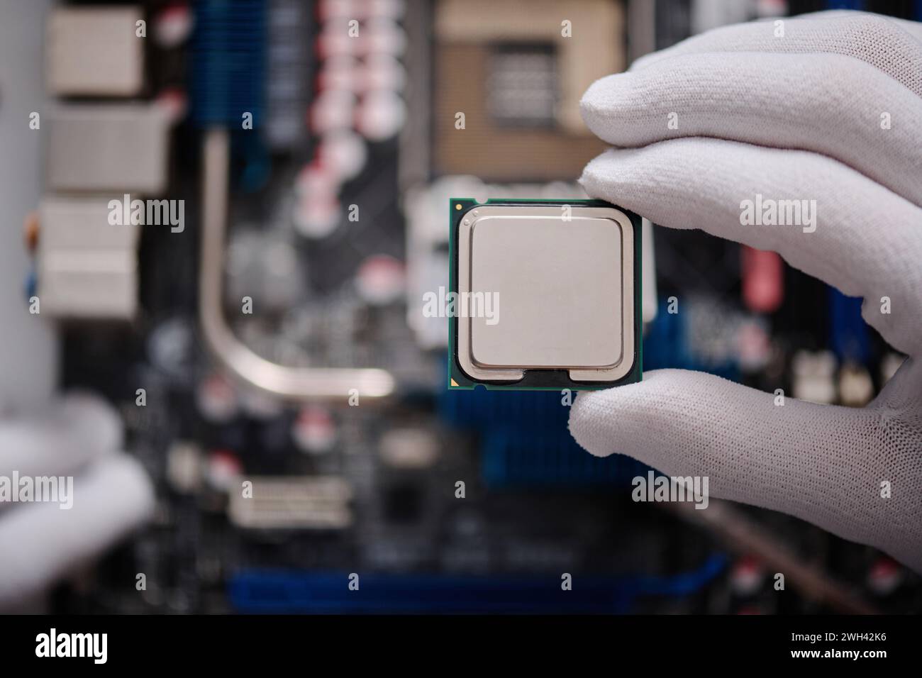 Nicht erkennbarer elektronischer Servicetechniker, der die Zentraleinheit vorsichtig mit den Fingerspitzen hält Stockfoto