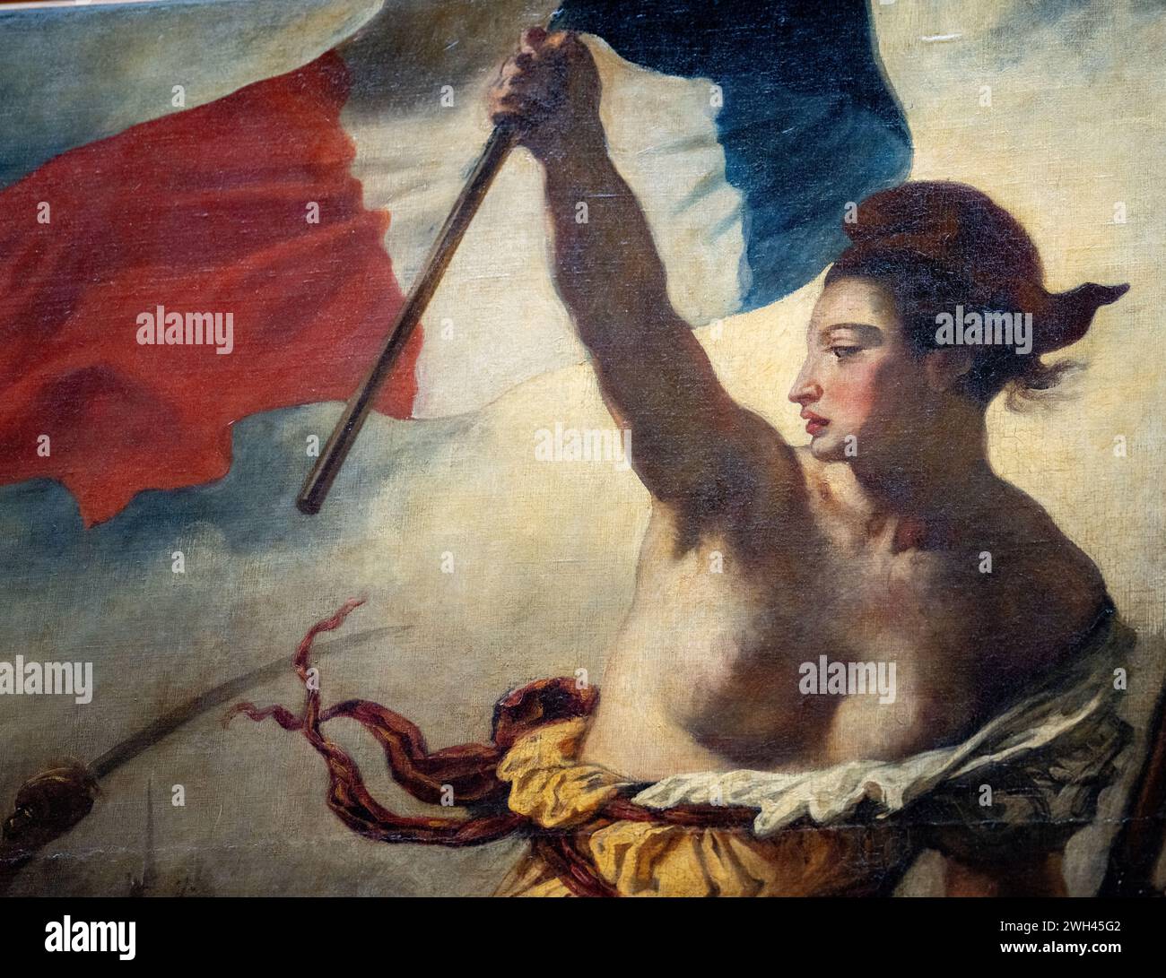 Nahaufnahme von „la liberte guidant le peuple“, einem klassischen Ölgemälde von Eugene Delacroix aus dem Jahr 1830, das derzeit in Louv lebt Stockfoto