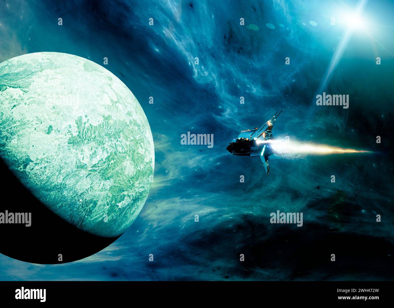 Futuristische Fantasy-Welt, neue Planeten und Zivilisationen, Eroberungen im Weltraum. Fremde Infrastruktur aus anderen Welten, Weltraumposten. Raumschiff. SCI-fi Stockfoto