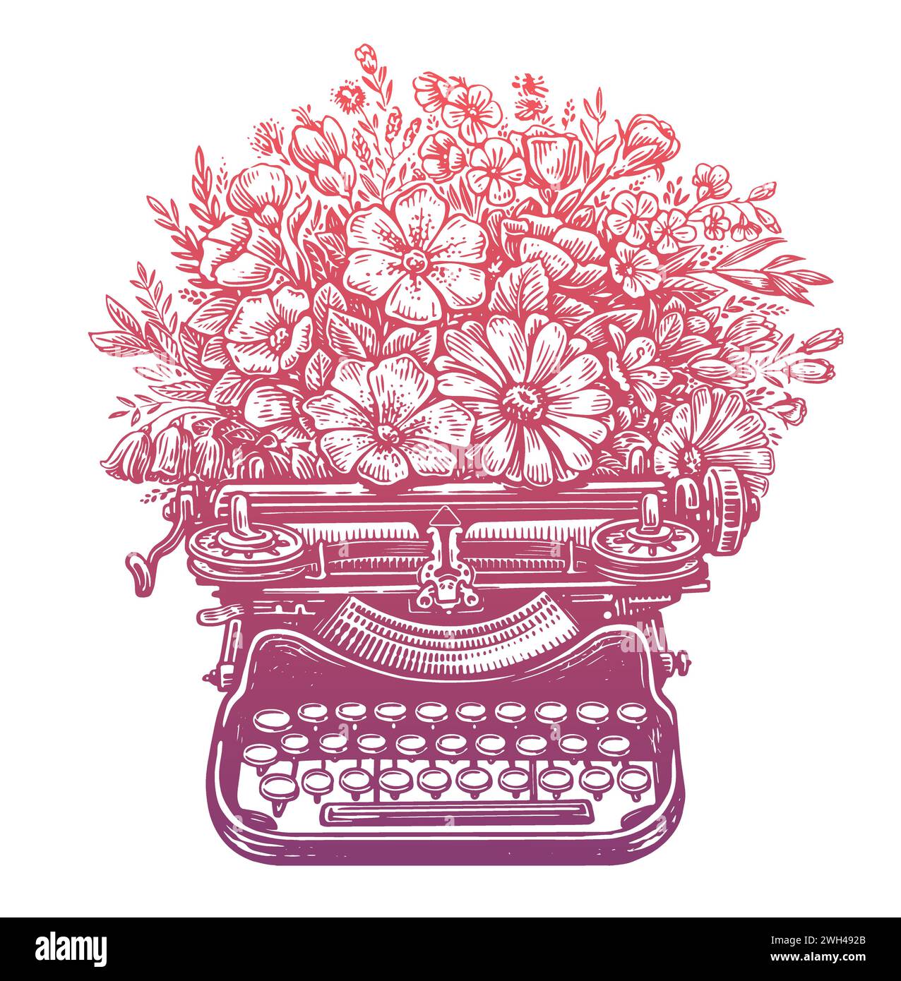 Retro-Schreibmaschine mit Blumen. Vintage-Technik mit Wildblumen. Handgezeichnete Vektorgrafik Stock Vektor