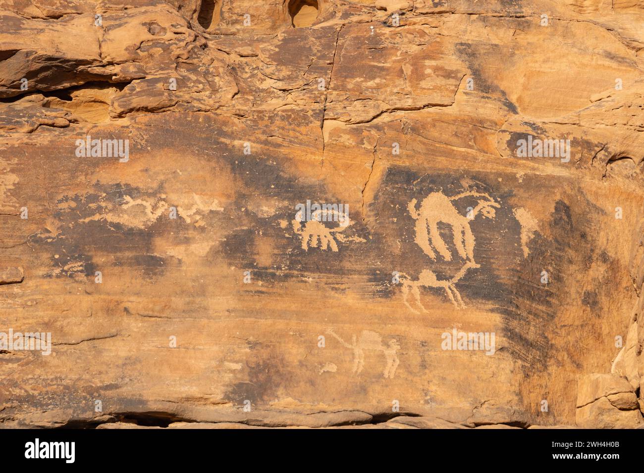 Naher Osten, Saudi-Arabien, Provinz Hail, Jubbah. Antike Petroglyphen an der Felskunststätte Jubbah am ob Sinman Mountain. Stockfoto