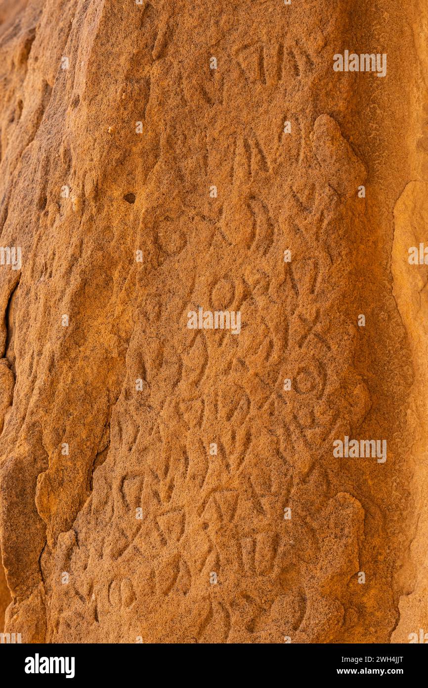 Naher Osten, Saudi-Arabien, Medina, Al-Ula. Petroglyphen im Dadan Visitor Center, Ort eines alten Königreichs. Stockfoto