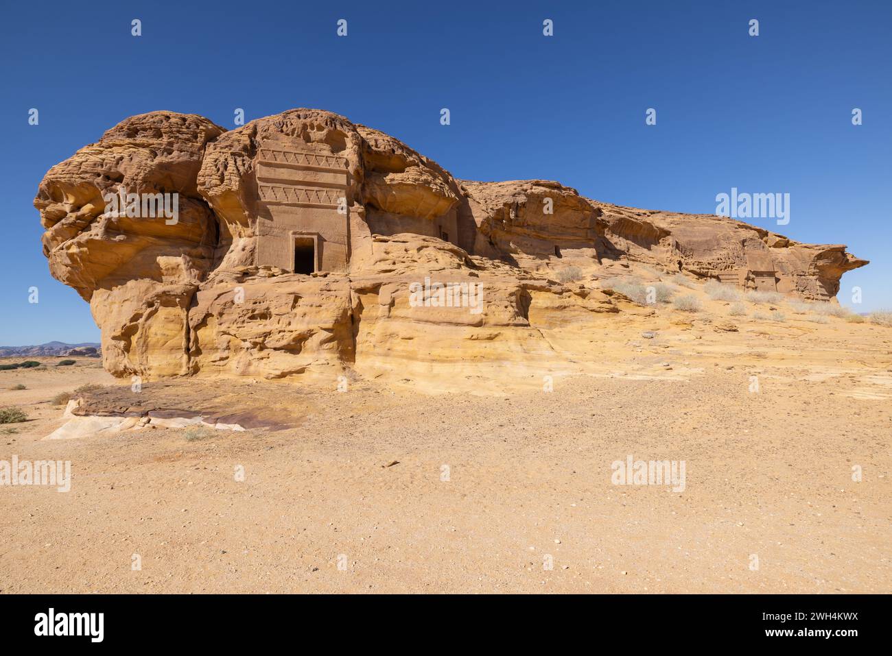 Naher Osten, Saudi-Arabien, Medina, Al-Ula, Hegra. Nabatäische Ruinen in der archäologischen Stätte Hegra. Stockfoto
