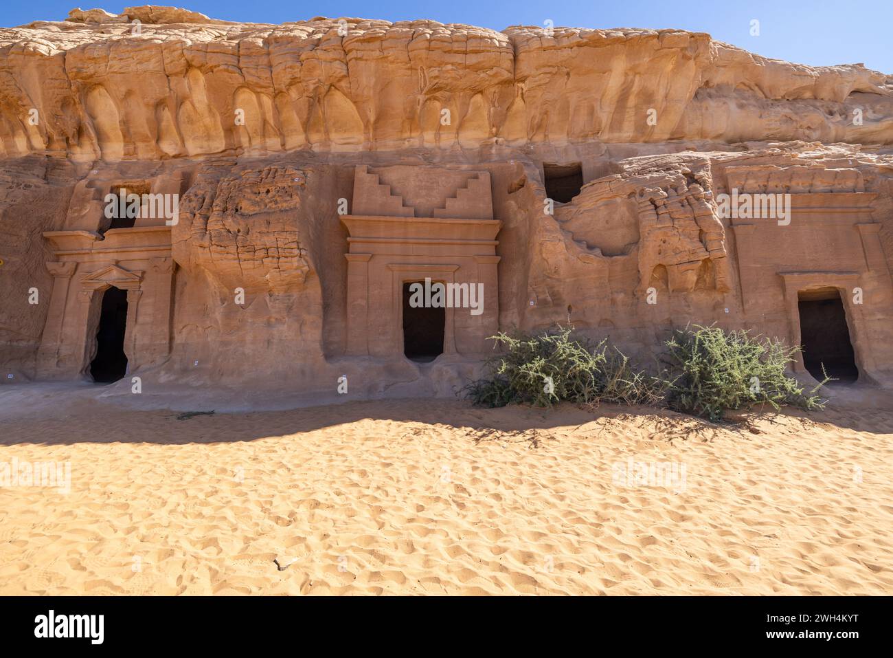 Naher Osten, Saudi-Arabien, Medina, Al-Ula, Hegra. Nabatäische Ruinen in der archäologischen Stätte Hegra. Stockfoto