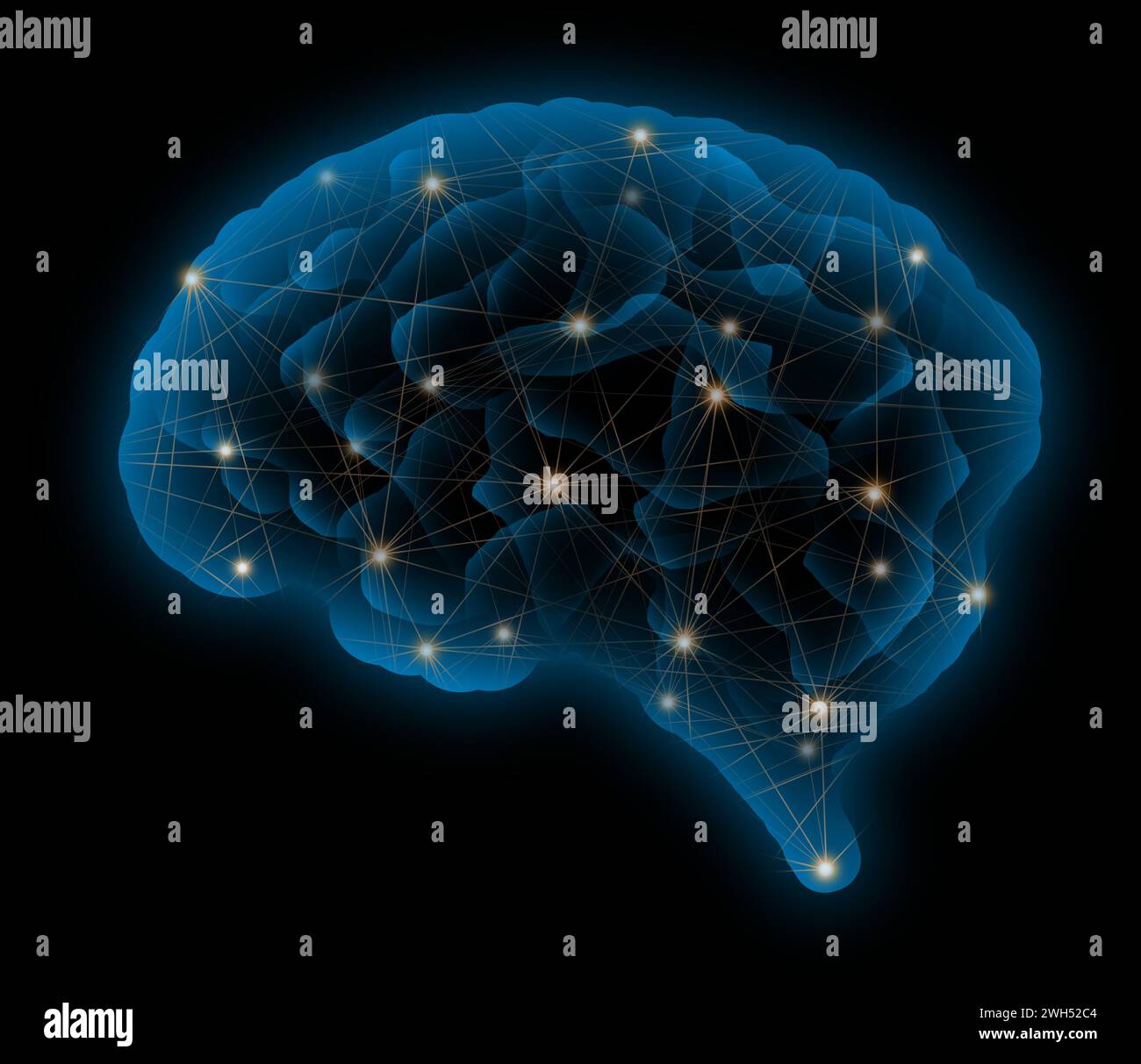Künstliches Intelligenzkonzept, blaues Gehirn mit Netzlinien-Lichtpunkt futuristisch Stockfoto