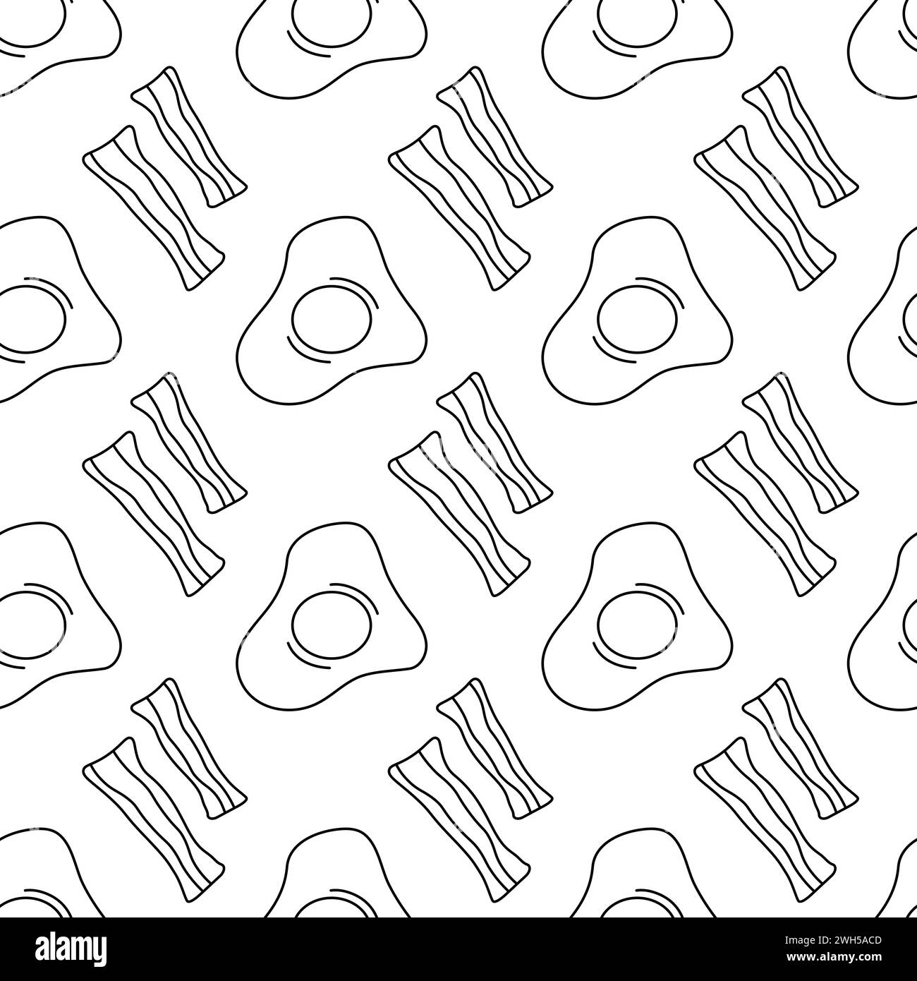 Niedliches, nahtloses Frühstück mit Ei und Speck. Hintergrund Am Morgen. Handgezeichnete Kritzeleien, monochrome Skizzen. Illustration der Vektorabwicklung. Stock Vektor
