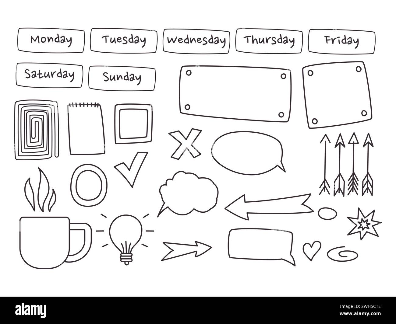 Elementdesign handgezeichnet Journal Sticker Form Sprechblase Pfeil Liebe Tick und Tag kreative Dekoration Stock Vektor