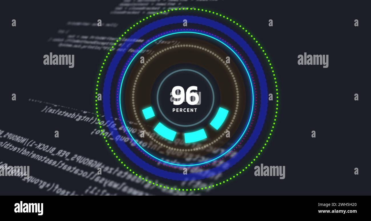 Bild des Verarbeitungskreises mit steigenden Zahlen auf schwarzem Hintergrund mit Datenverarbeitung Stockfoto