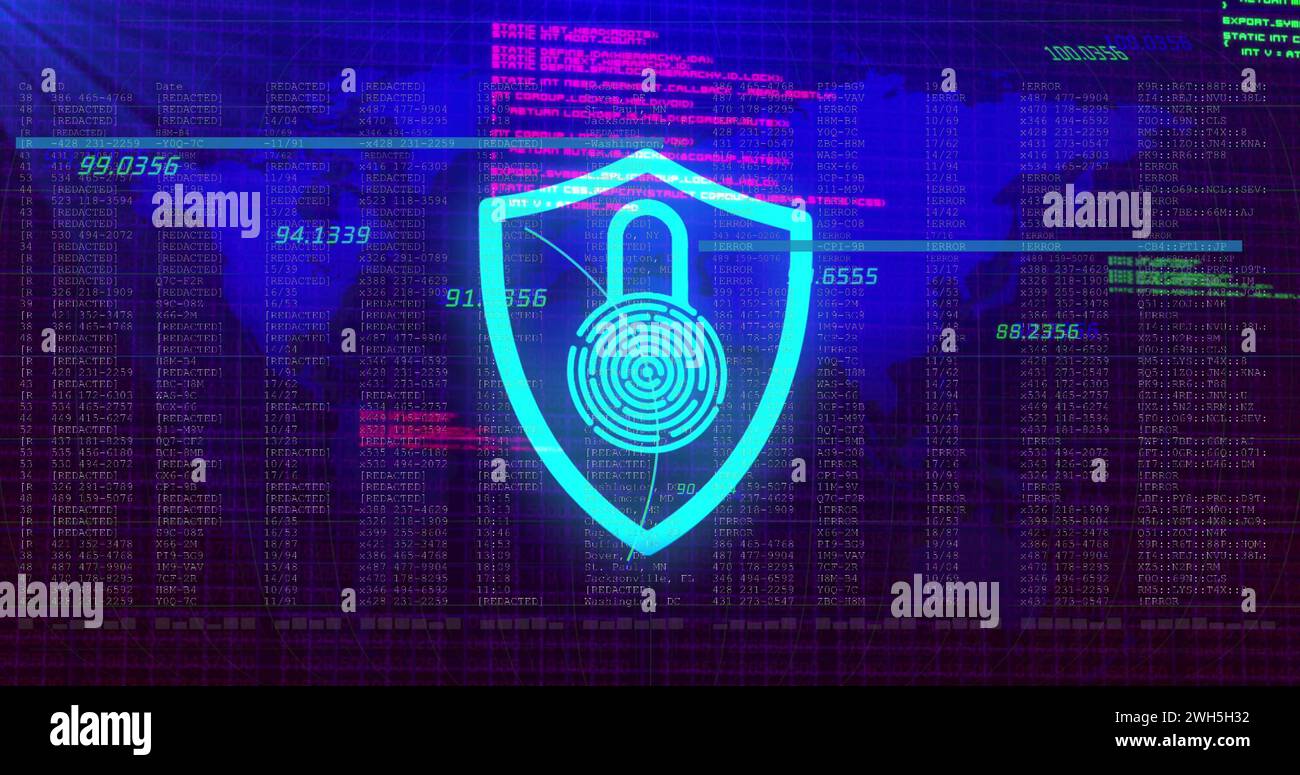 Bild eines digitalen Schildes mit Vorhängeschloss und Fingerabdruck über Datenverarbeitung und Weltkarte Stockfoto