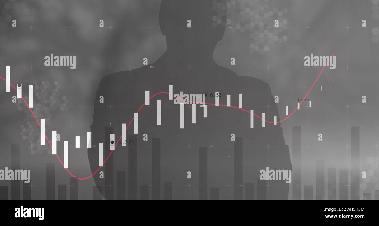 Bild der Datenverarbeitung über der Silhouette des Menschen Stockfoto