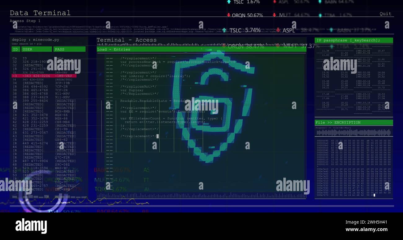 Bild der digitalen Abschirmung mit Vorhängeschloss über der Datenverarbeitung auf dem digitalen Bildschirm Stockfoto