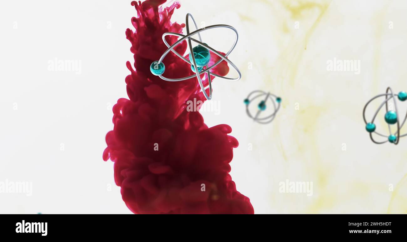 Abbildung von Molekülen über roter Flüssigkeit auf weißem Hintergrund Stockfoto