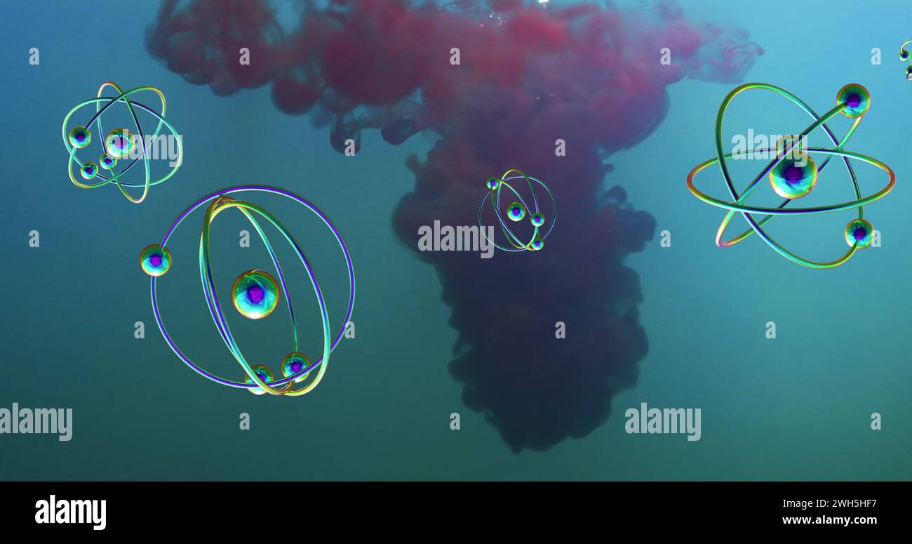 Abbildung der Moleküle über roter Flüssigkeit auf blauem Hintergrund Stockfoto