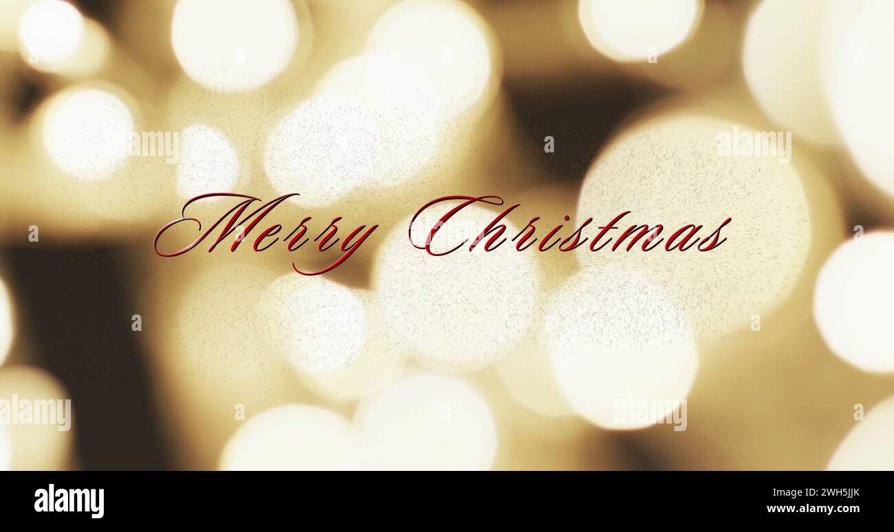 Bild von fröhlichem weihnachtstext über gelben Flecken mit hellem Hintergrund Stockfoto