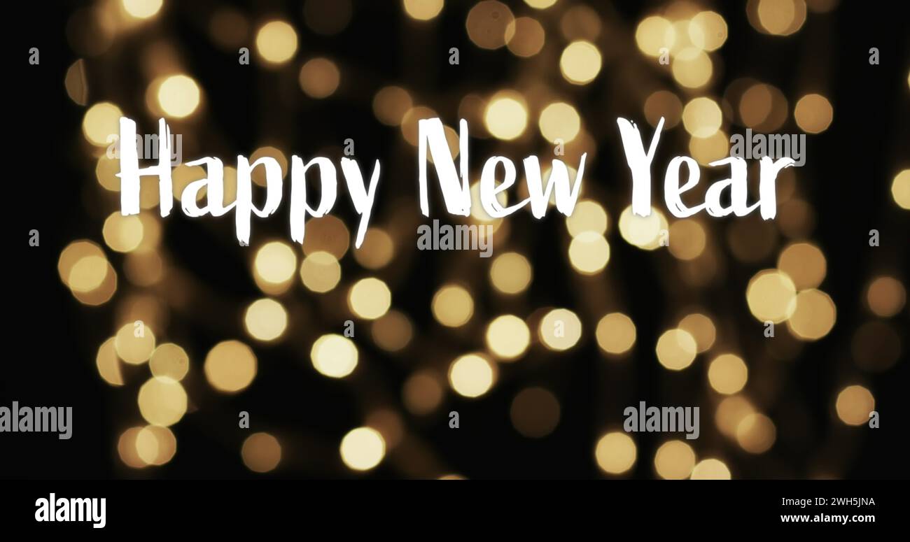 Bild des Textes „Happy New Year“ über gelben Flecken mit hellem Hintergrund Stockfoto