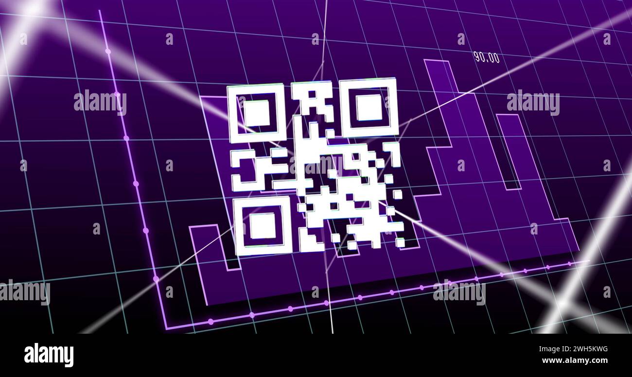 Abbildung von Diagrammen und qr-Code auf violettem Hintergrund Stockfoto