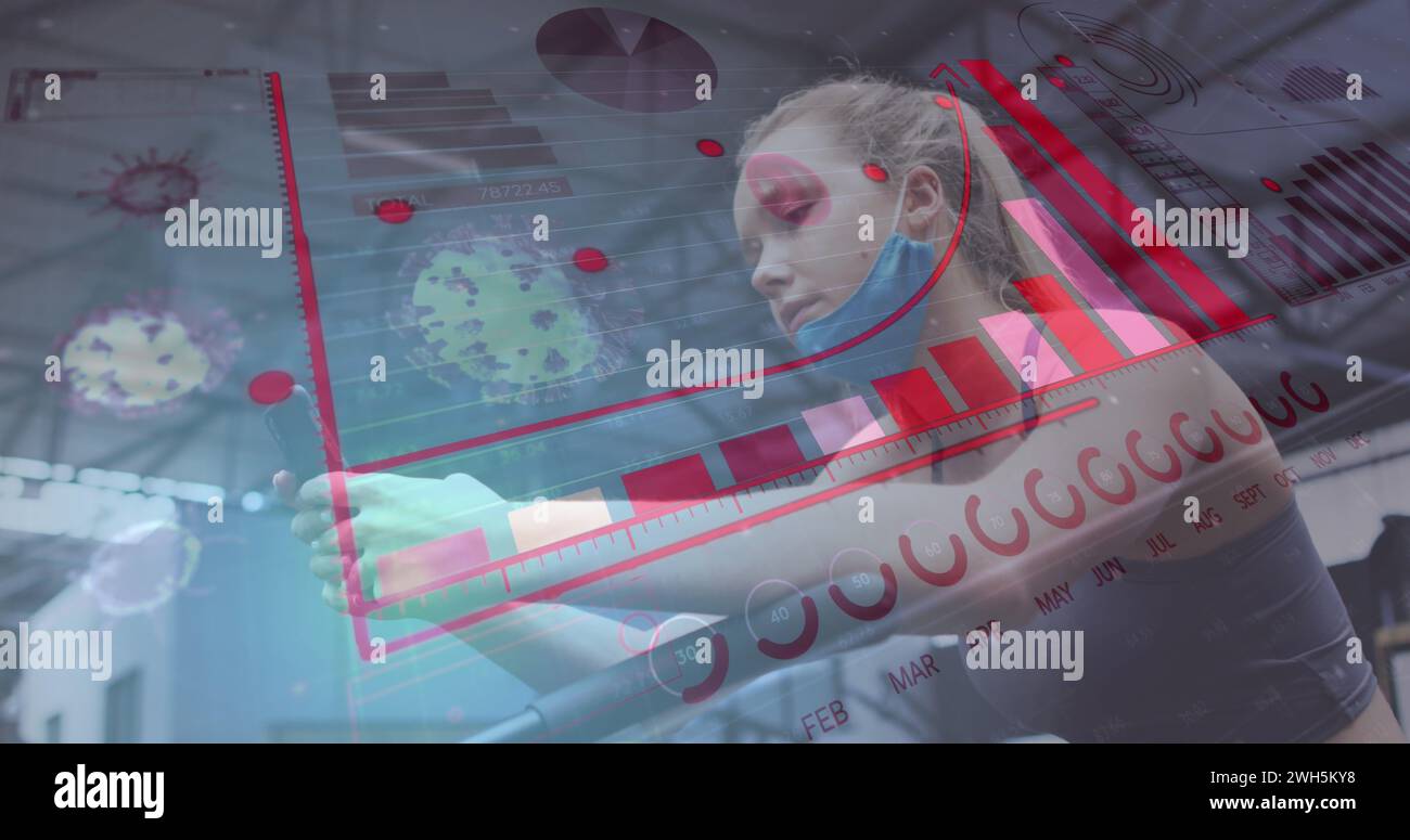 Bild von covid-19-Zellen, die mit Statistiken und Diagrammen schweben, mit Frau mit Smartphone Stockfoto