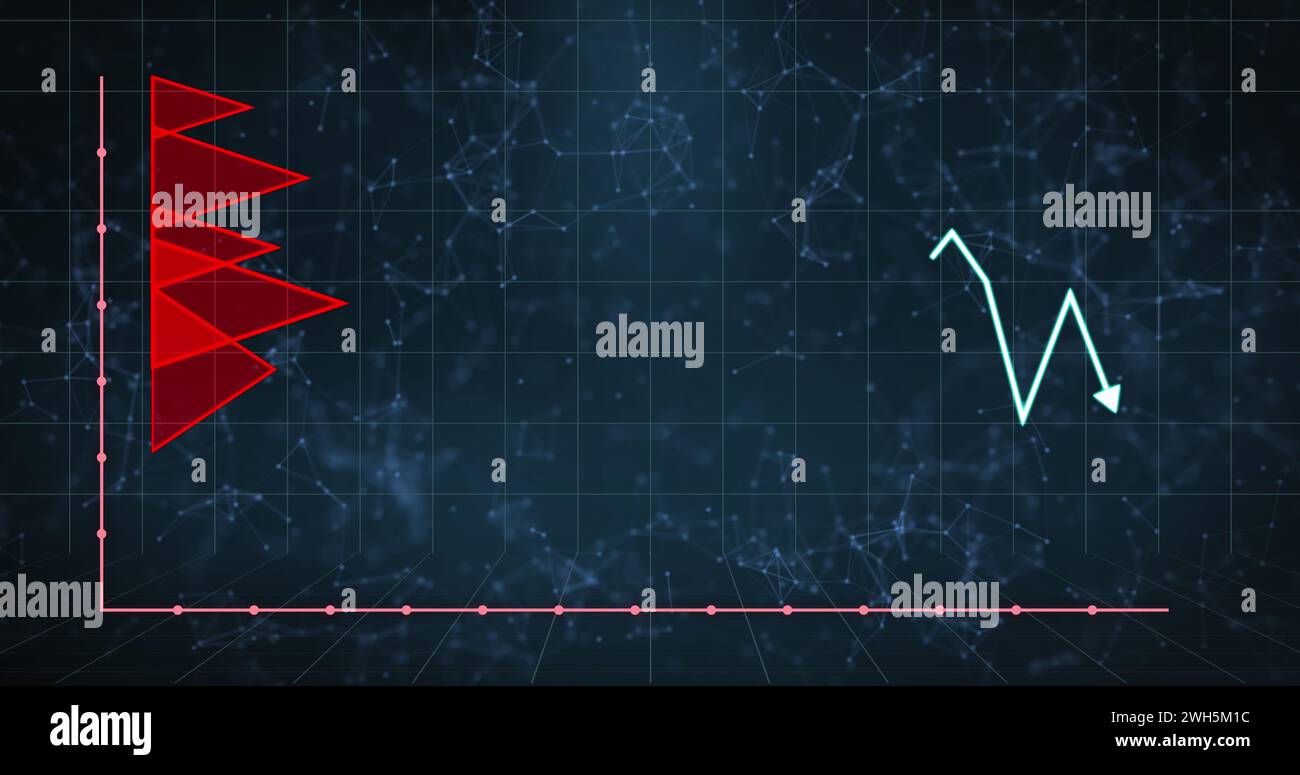 Das digitale Diagramm zeigt einen Abwärtstrend vor einem futuristischen Hintergrund Stockfoto