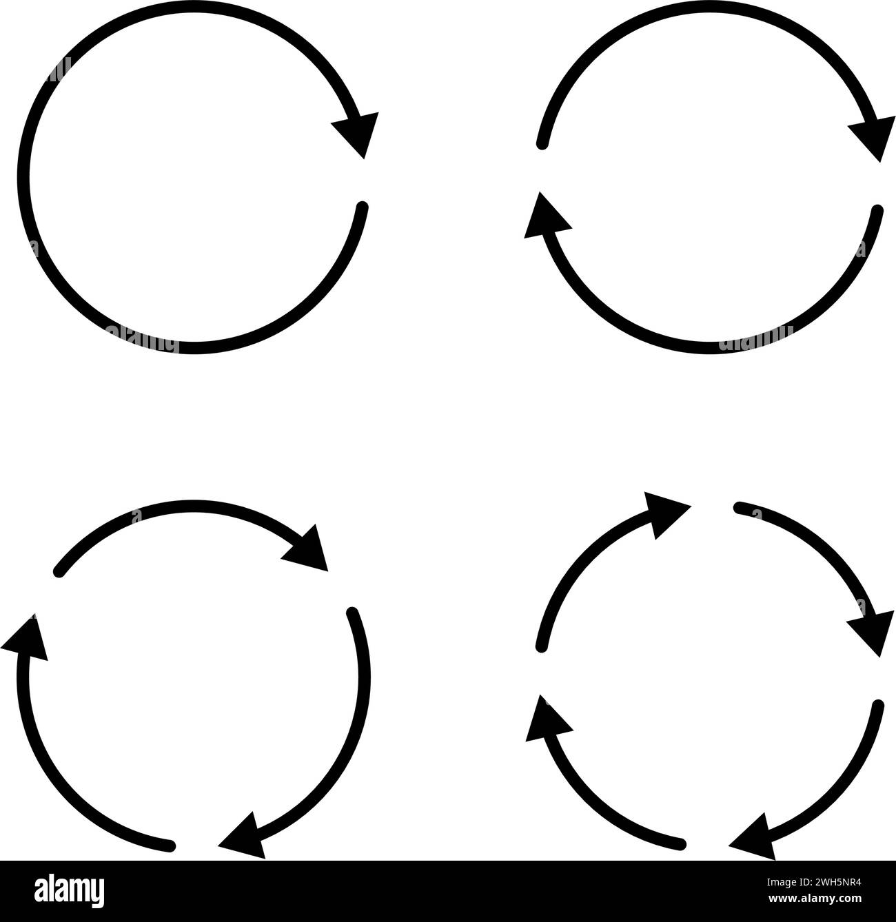 Kreispfeilsymbole festgelegt. Runden Sie das Symbol zum erneuten Laden, Neustarten, Recyceln und Wiederholen ab. Ein, zwei, drei und vier Pfeile in Schleife. Rundes Nachladezeichen, Wiederholungssymbol Stock Vektor