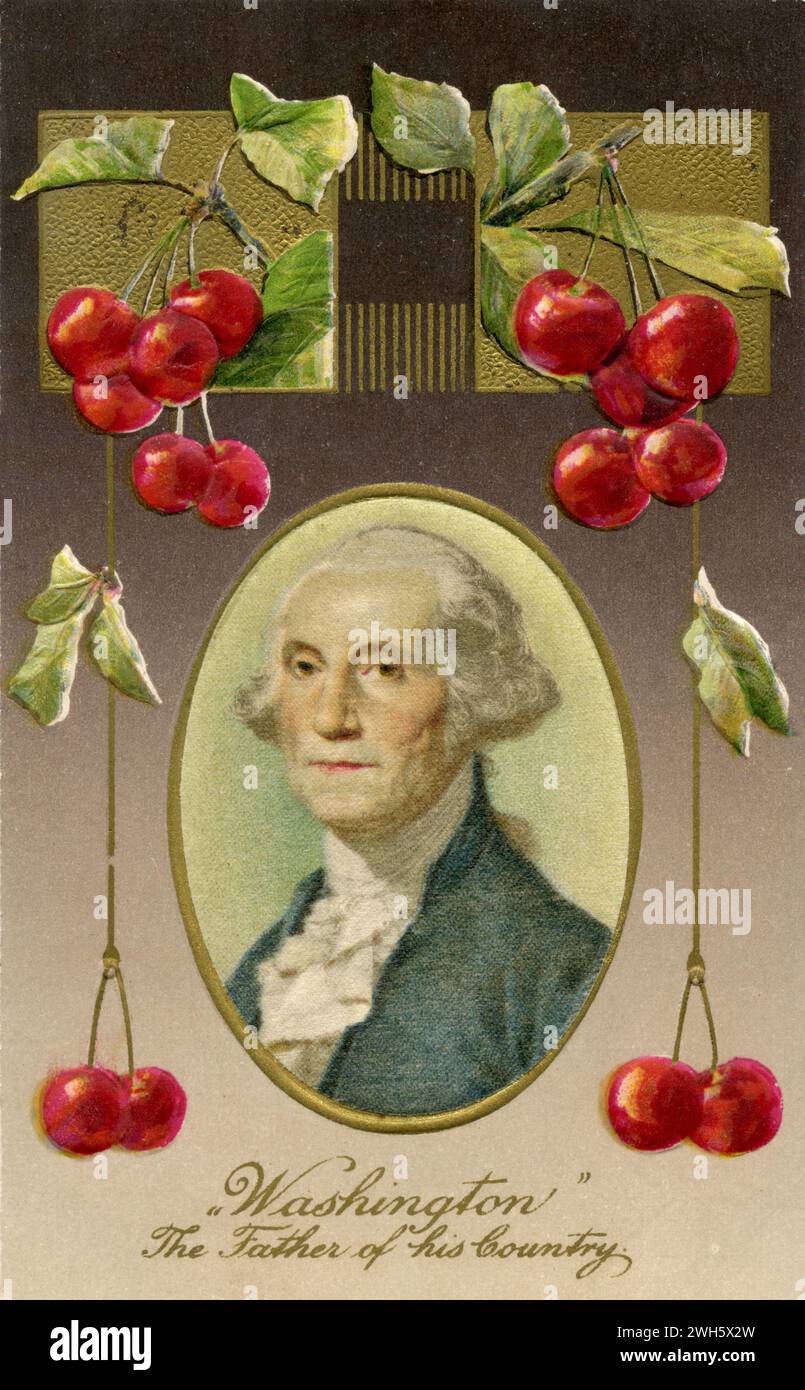 George Washington (1732–1799), erster Präsident der Vereinigten Staaten von Amerika, Portrait auf einer Postkarte, umgeben von Kirschen, „der Vater seiner Kopfgeld“. , (Postkarte, ), George Washington (1732-1799), erster Präsident der Vereinigten Staaten von Amerika, Porträt auf einer Postkarte, umgeben von Kirschen, "der Vater seiner Kopfgeld" Stockfoto