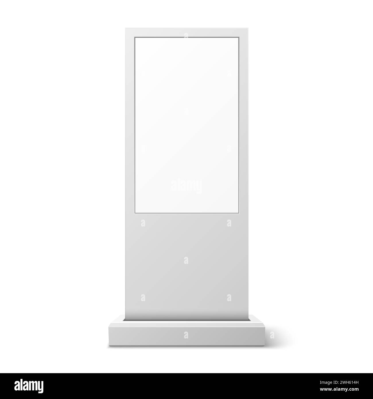 Touchscreen-Kiosk, weißes Standmodell für den Außenbereich. Realistische 3D-Vektor-moderne interaktive Anzeige. Digitale Informationstafel, Self-Service-Terminal, vielseitige und stilvolle Lösung für den Benutzerzugriff Stock Vektor