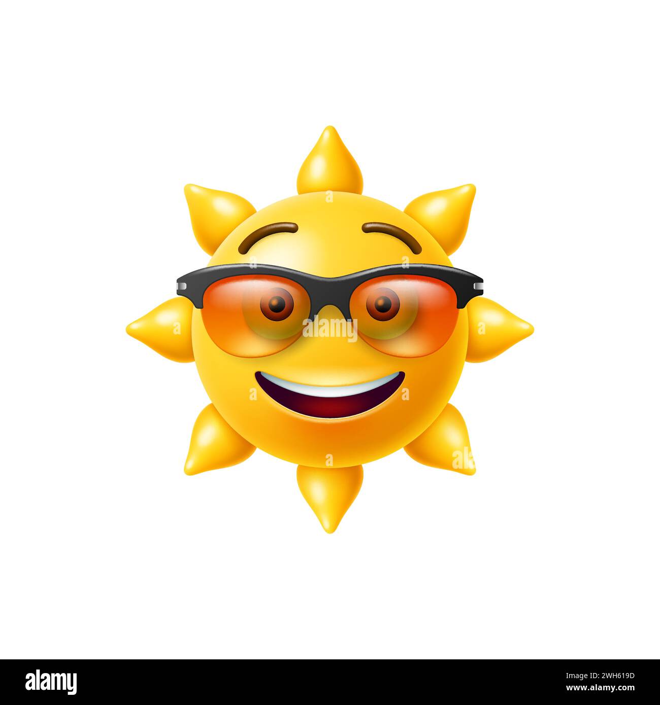 Sun Emoji 3D Zeichentrickfigur mit Gesicht in der Sonnenbrille, Vektor lustiges Lächeln Emoticon. Süßes lächelndes und kühles, gelbes, sonniges Emoji in Sommersonnenbrille Kindermaskottchen und Happy Smile für fröhlichen Charakter Stock Vektor