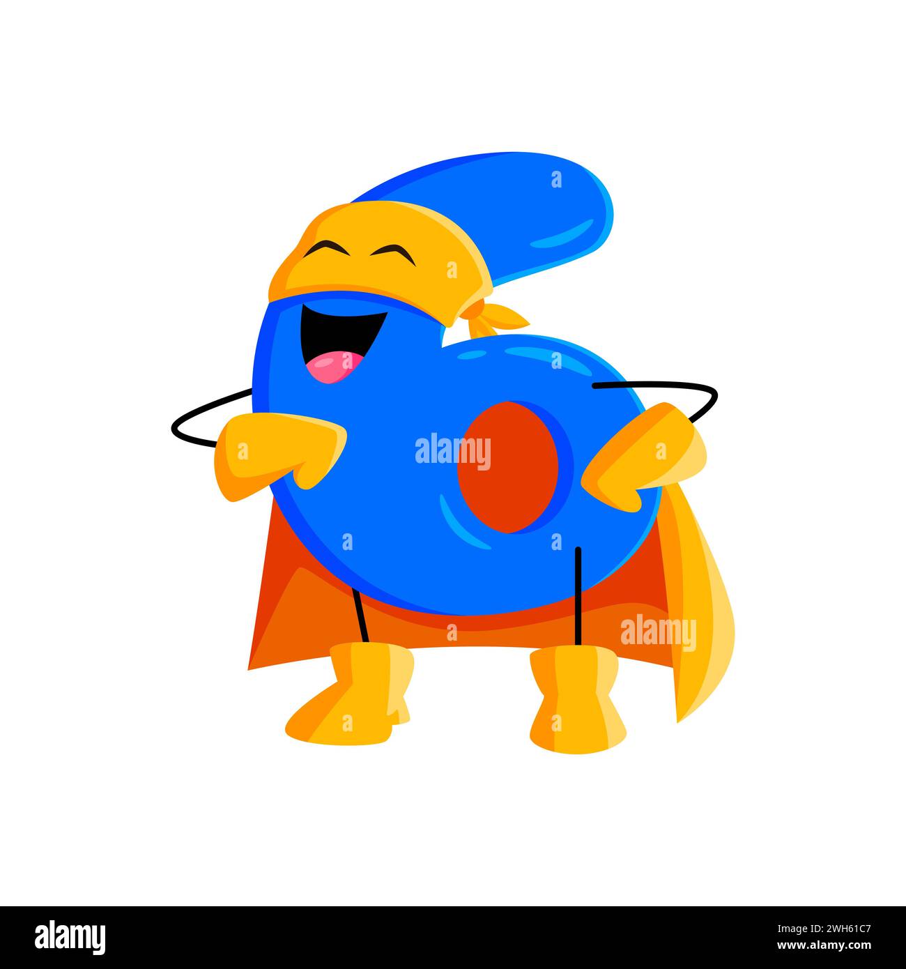 Comic Mathe Nummer sechs Superheldenfigur. Isolierte Vektor-arithmetische Bildungs-Ziffer 6 Personage mit entzückendem Verteidiger-Aussehen, mit fröhlichem Gesicht, abgerundeter Form und blauer Farbe Stock Vektor
