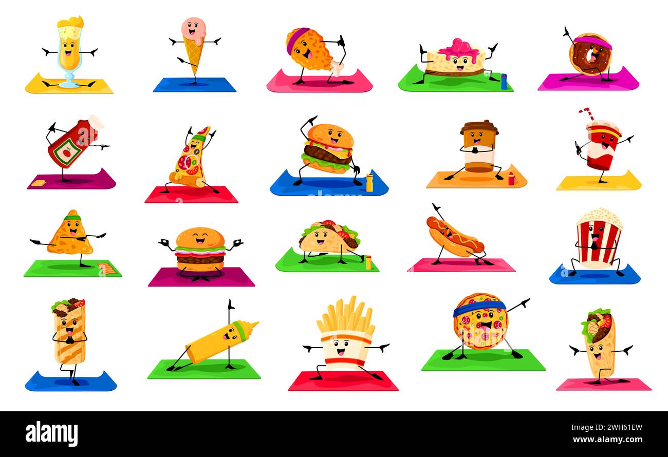 Cartoon-Fastfood-Charaktere über Yoga-Fitnesssport. Vektor-Cocktail, Eis, Hähnchenkegel und Käsekuchen. Donut-, Ketchup- oder Senfflaschen, Pizza, Burger, Cola- und Kaffeetassen, Hot Dog, Taco Stock Vektor