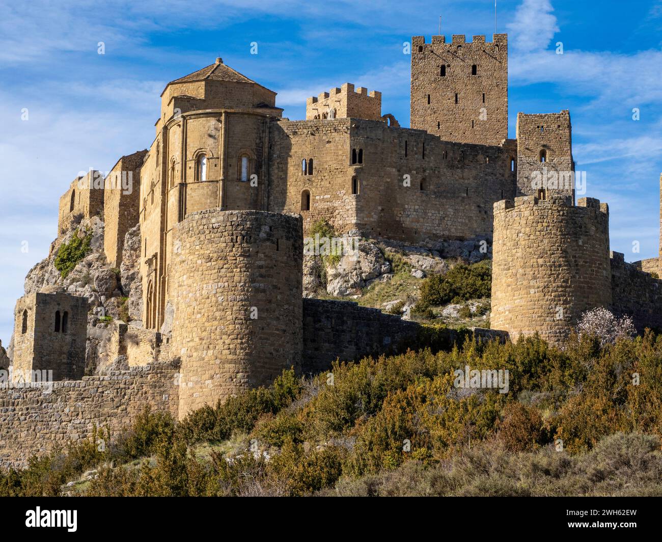 Burg Loarre romanische mittelalterliche romanische Verteidigungsanlage Huesca Aragon Spanien eine der am besten erhaltenen mittelalterlichen Burgen Spaniens Stockfoto