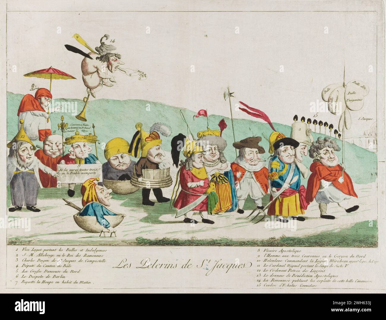 Karikaturdruck „Les Pèlerins de Saint Jacques (1791)“. Farbige Ätzung, die die verschiedenen Gruppen darstellt, die im 18. Jahrhundert auf dem Jakobsweg unterwegs waren. Stockfoto