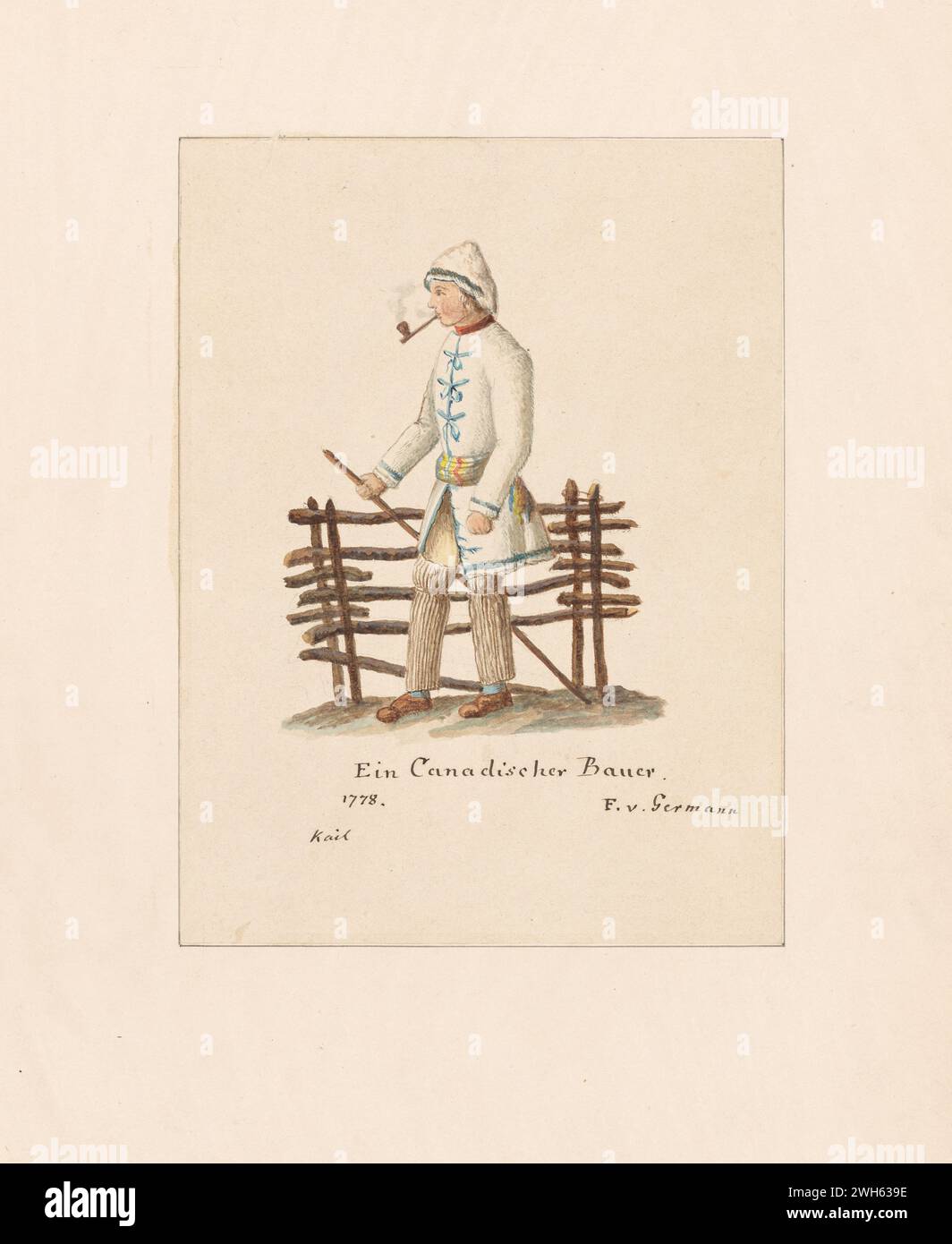 „Aquarell eines kanadischen Bauern/Bauern in Winterkleidung“ um 1778. Von einer Druckserie Friedrich von deutschem Kapitän eines Regiments aus Hessen-Hanau, einer der vielen deutschen Hilfstruppen, die Georg III. Für die amerikanische Revolution engagiert hatte. Er kam 1775 während des Krieges in Nordamerika an und malte eine Reihe von Aquarellen amerikanischer, britischer und deutscher Soldaten. Stockfoto