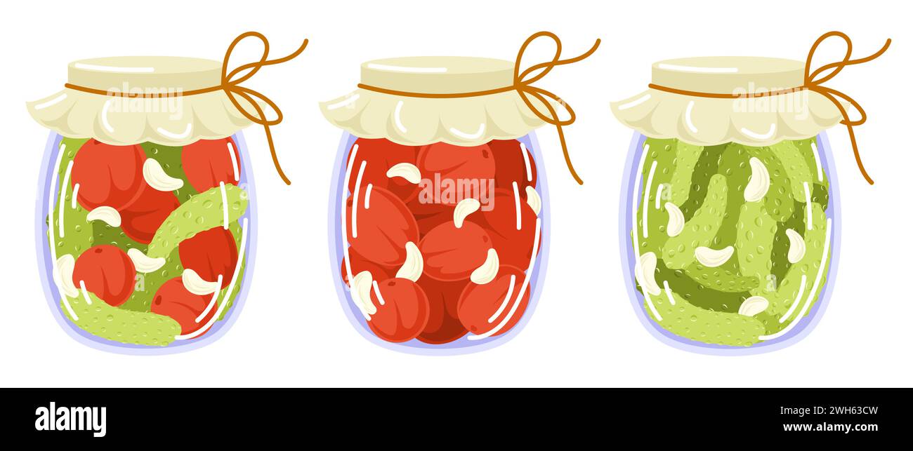 Eingelegtes Gemüse in flacher Form. Marinierte Gurke, Tomaten, Knoblauch. Speisen im Herbst marinieren. Vektorillustration auf weißem Hintergrund isoliert. Stock Vektor