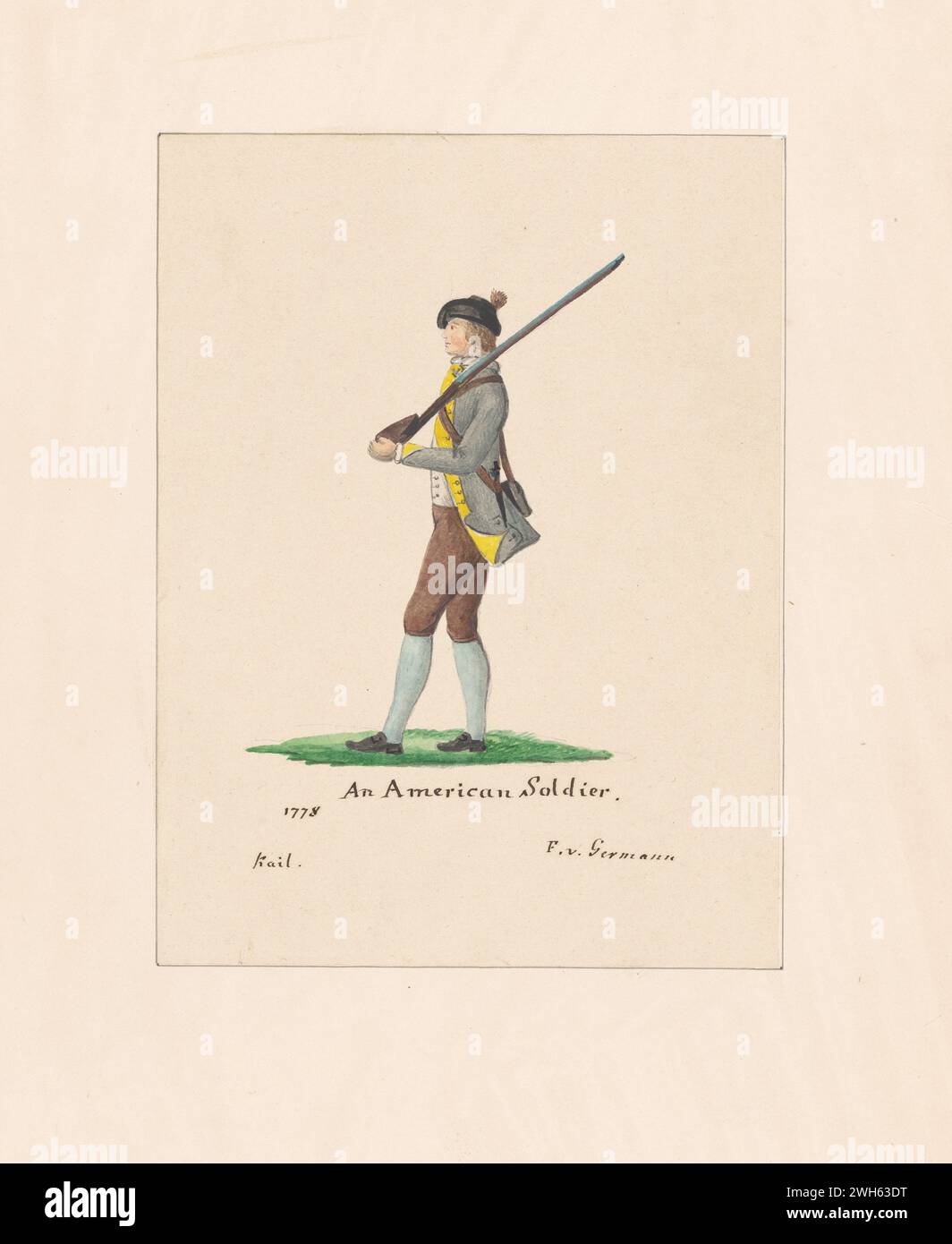 Aquarell eines amerikanischen Soldaten während des Amerikanischen Unabhängigkeitskrieges um 1778. Von einer Druckserie Friedrich von deutschem Kapitän eines Regiments aus Hessen-Hanau, einer der vielen deutschen Hilfstruppen, die Georg III. Für die amerikanische Revolution engagiert hatte. Er kam 1775 während des Krieges in Nordamerika an und malte eine Reihe von Aquarellen amerikanischer, britischer und deutscher Soldaten. Stockfoto