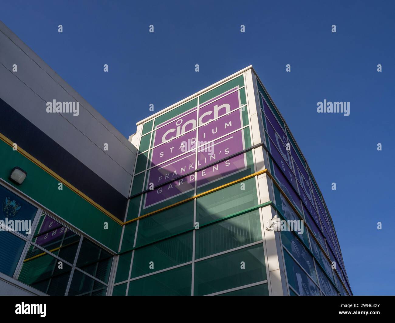 Eintritt zu Franklins Gardens, Heimat des Northampton Saints Rugby Club, Northampton, Großbritannien Stockfoto