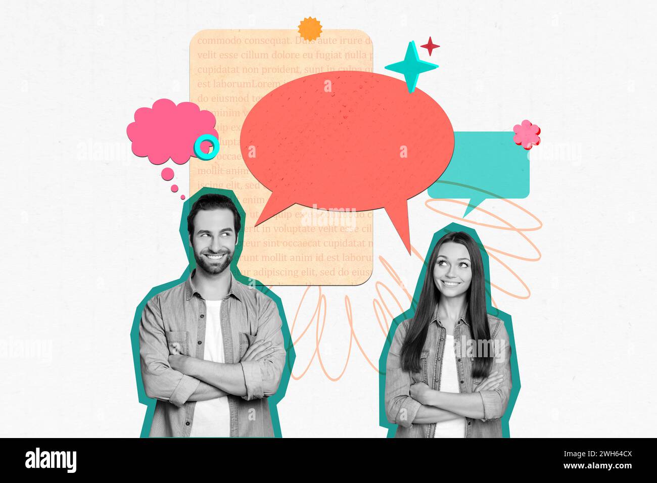 Horizontale kreative Foto-Collage von zwei Liebenden neugierig sprechen sprechen sprechen Gespräch Gespräch betrachten Textblase auf Zeichenhintergrund Stockfoto