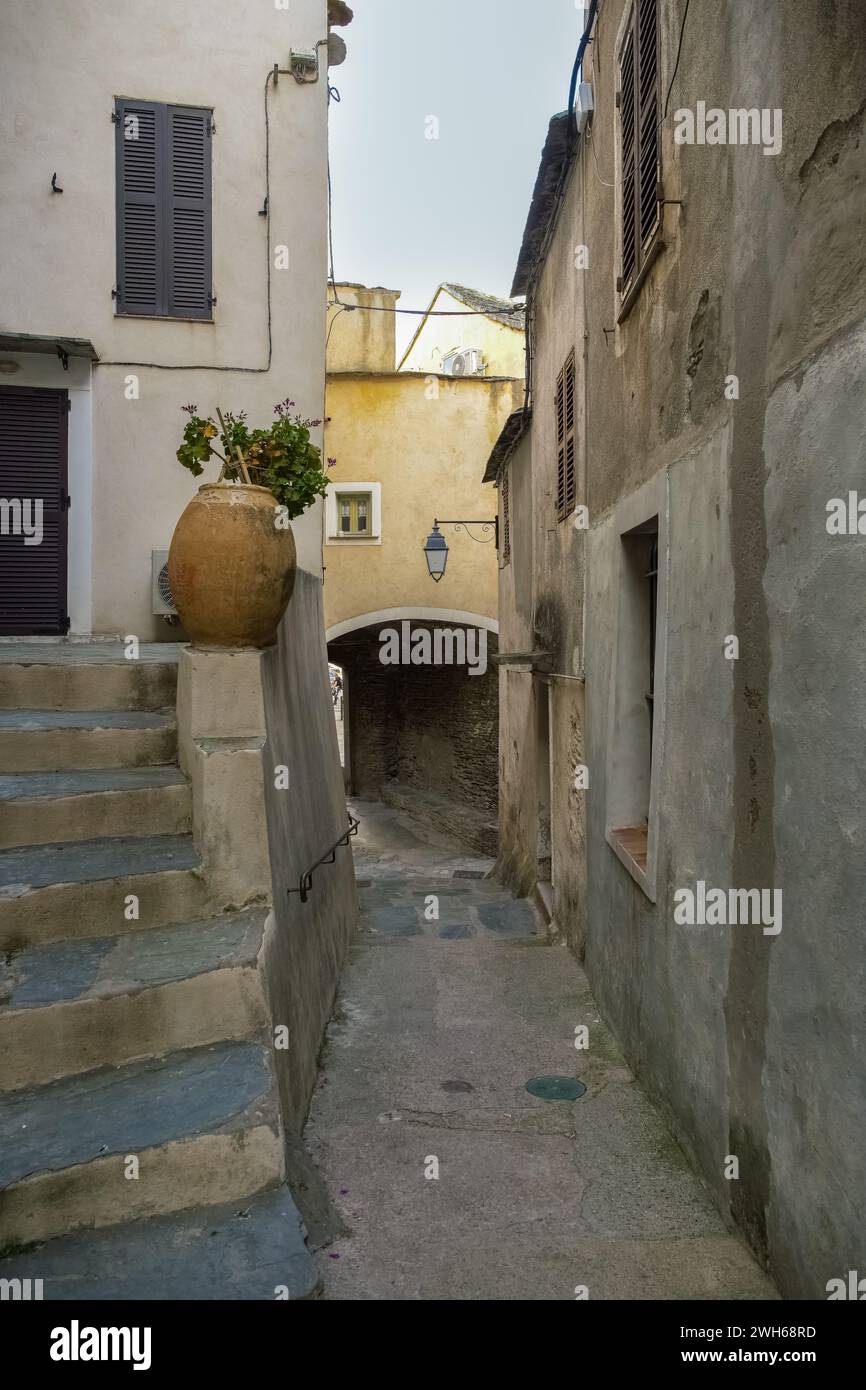 Nonza auf Korsika, Häuser im Dorf, in einer typischen Straße Stockfoto