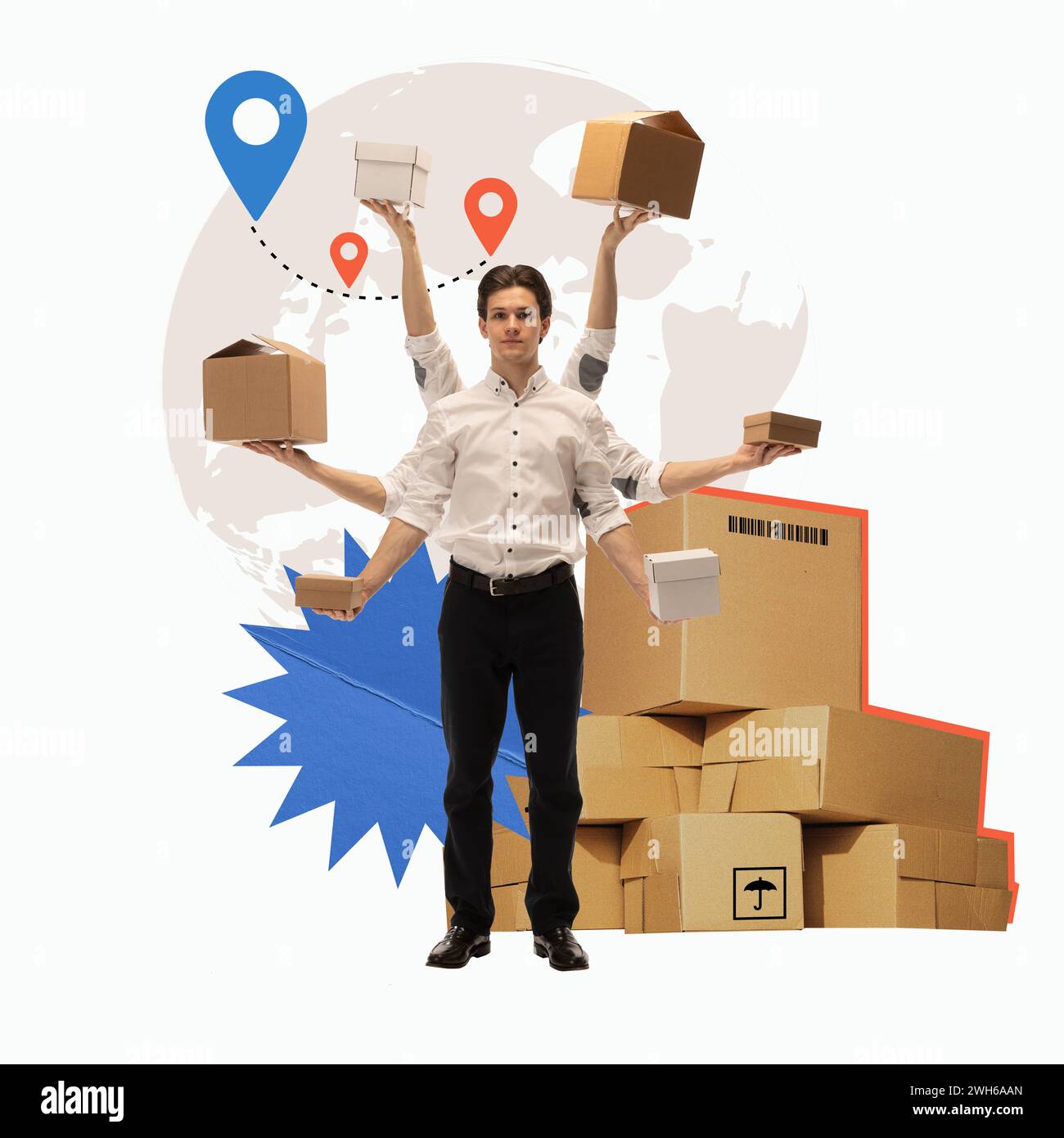 Mann mit mehreren Händen, der Kästen mit globaler Karte und Positionsangaben im Hintergrund hält. Geschwindigkeit und Genauigkeit bei der Paketzustellung. Kreatives, modernes Design. Stockfoto