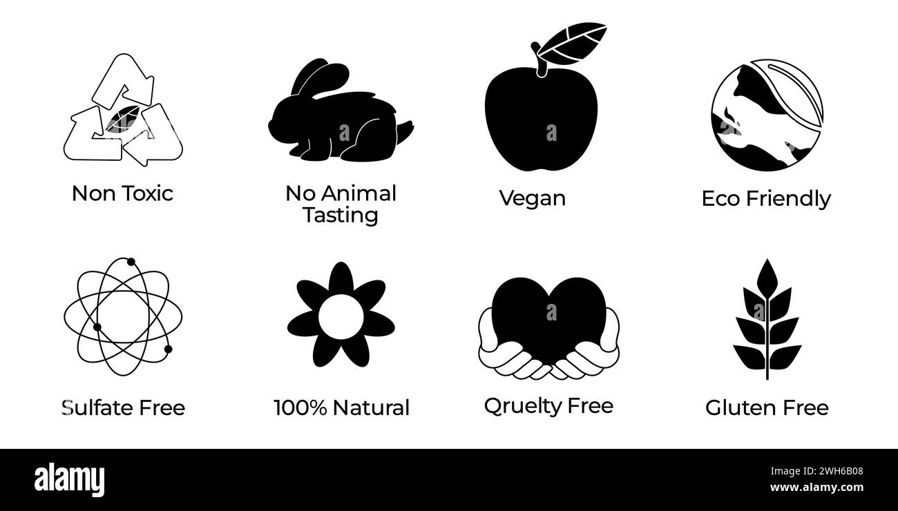 Icon Ökologie Umwelt Natur vegan ungiftig keine Tierversuche Grausamkeit Gluten- und sulfatfrei Stock Vektor