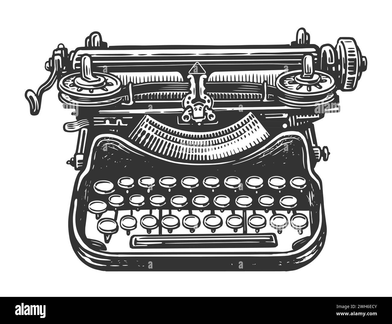 Retro-Schreibmaschine. Mechanische Oldtimer-Ausrüstung. Handgezeichnete Skizze Illustration Gravurstil Stockfoto